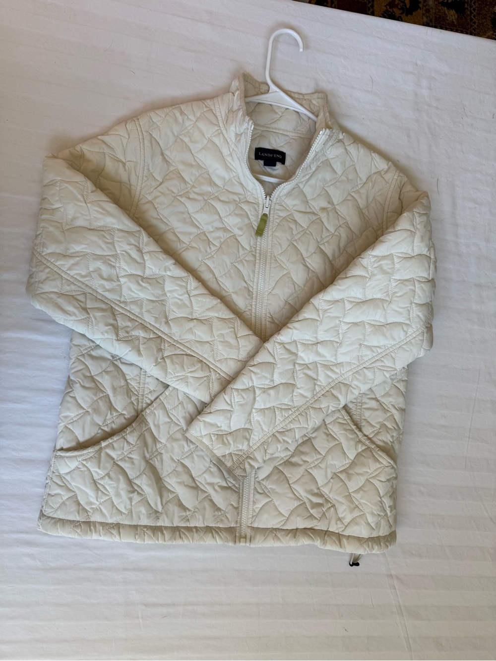 Lands' End Quilted Cream Full-Zip Puffer Jacket, Size L 14-16